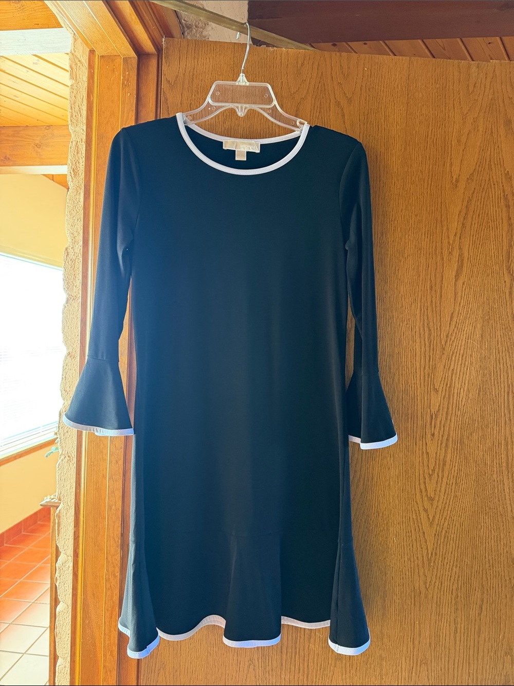 Michael Kors Black Long-Sleeve A-Line Dress with White Trim
